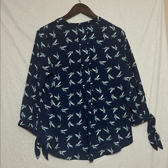 Blue Tie Front Blouse with Cuffed Sleeves and Mandarin Collar - Picture 3 of 3